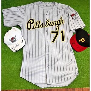 Vintage Pirates Team Issue Pinstripe Jersey 1998 Rawlings SZ 44 & 2 Signed Hats